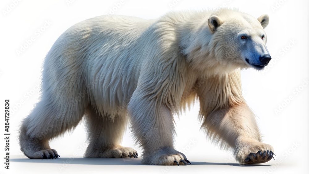 Fototapeta premium Isolated majestic mythical creature, resembling a hybrid of polar bear and ape, strides confidently across a pristine white background.