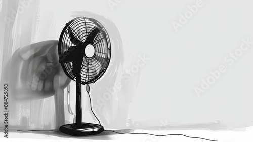 Wallmounted fan, flat design, side view, compact living theme, cartoon drawing, black and white photo