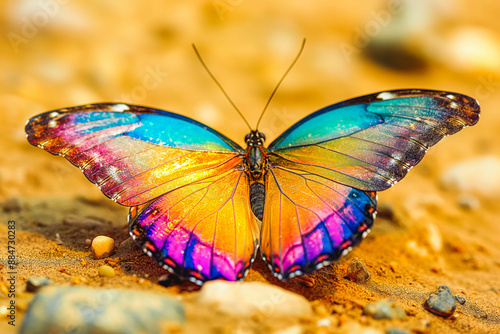 Colorful rainbow colored butterfly with wings spread out