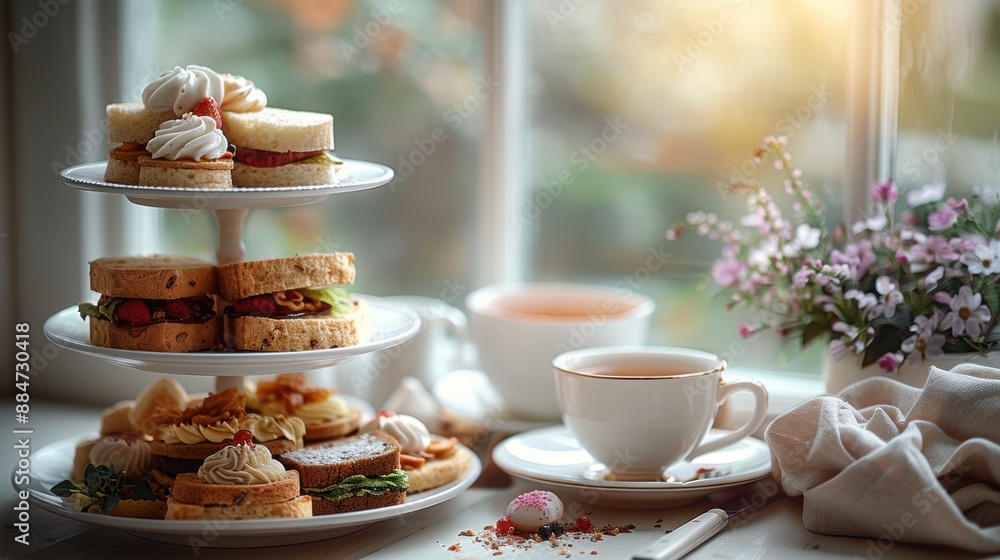 Elegant Afternoon Tea Spread with Fine China Teacups and Delicious Treats on Tiered Stand, Perfect for High Tea Concept. Elegant Afternoon Tea Spread with Fine China Teacups and Delicious Treats on Tiered Stand, Perfect for High Tea Concept.