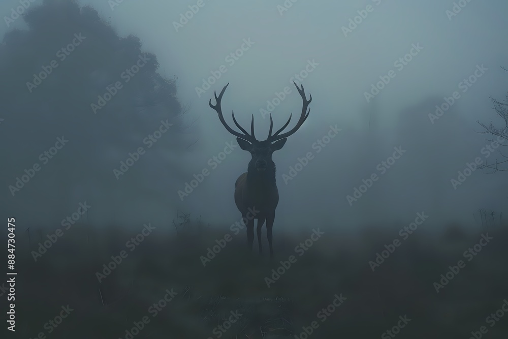 Obraz premium Majestic stag silhouetted in foggy forest.