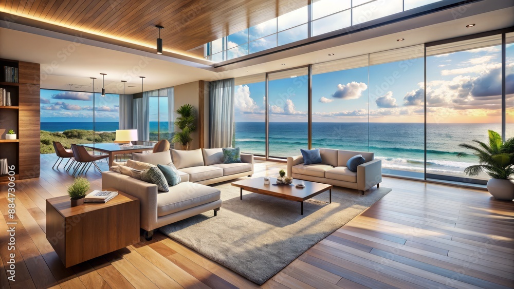 Spacious modern living room with floor-to-ceiling windows framing breathtaking ocean and beach views, adjacent to serene ocean-view bedroom retreat. Spacious modern living room with floor-to-ceiling windows framing breathtaking ocean and beach views, adjacent to serene ocean-view bedroom retreat.