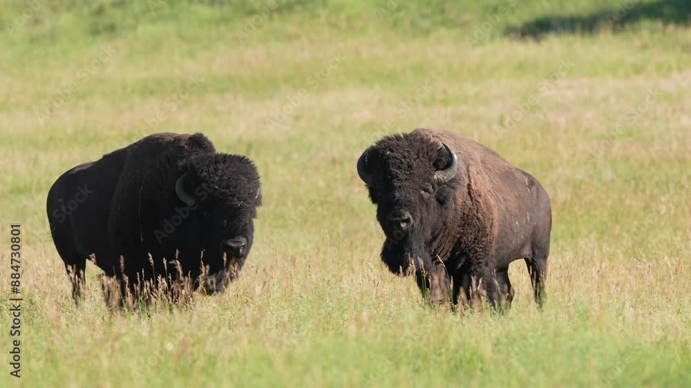 American Bison (Bison bison) Bulls, Buffalo fight between two large males, fighting for breeding rights. Slow-motion, 1/2 natural speed. American Bison (Bison bison) Bulls, Buffalo fight between two large males, fighting for breeding rights. Slow-motion, 1/2 natural speed.
