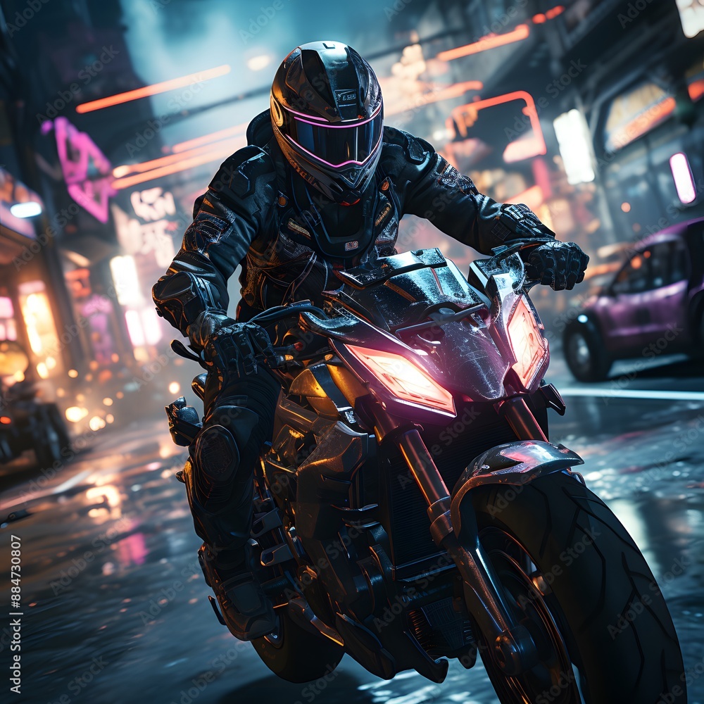 Cyberpunk city man riding a sleek high-tech motorcycle that follows the neon road as it makes its way. Cyberpunk city man riding a sleek high-tech motorcycle that follows the neon road as it makes its way.