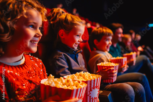 A family enjoying a movie at the cinema, with children holding popcorn and smiling.