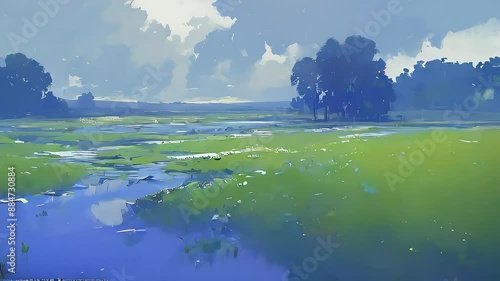 Tranquil Rainy Meadow Animation. Wet Wildflowers and Lush Green Grass. Animated Dynamic Landscape Video. photo