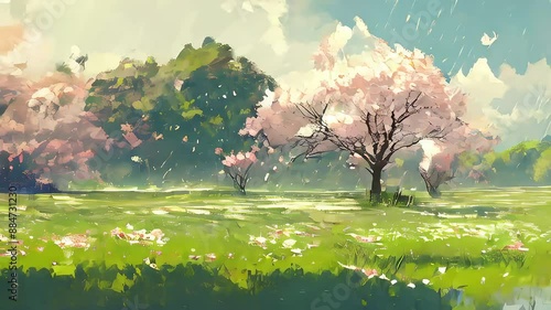 Rainy Orchard in Bloom Animation. Wet Blossoms and Lush Green Grass in a Serene Landscape. Animated Dynamic Video. photo