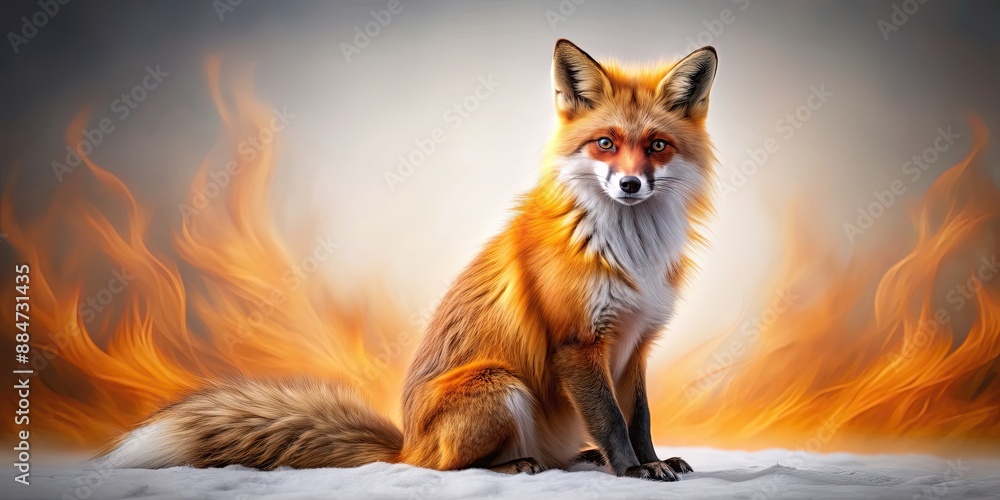 Fototapeta premium A beautiful fiery fox on a white background, fox, fire, flames, animal,vibrant, red, orange, wild, nature, artwork