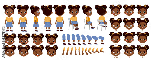 African girl constructor set. Kid in different poses and angle of views. Pack of legs, arms and heads to create animation. Cute schoolgirl sit at chair. Flat vector collection