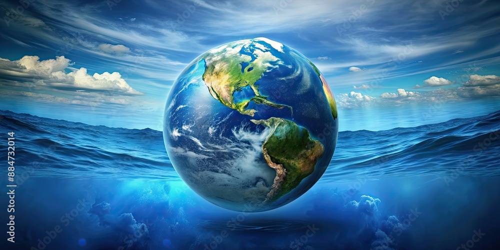 Picture of the earth submerged in water, earth, globe, planet, environment, underwater, ocean, sea, blue Picture of the earth submerged in water, earth, globe, planet, environment, underwater, ocean, sea, blue