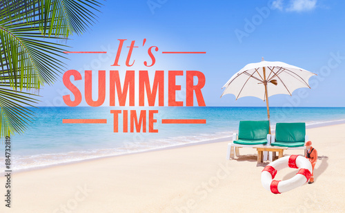 It's summer time banner on tropical beach with miniature worker and beach chair, summer holiday destination