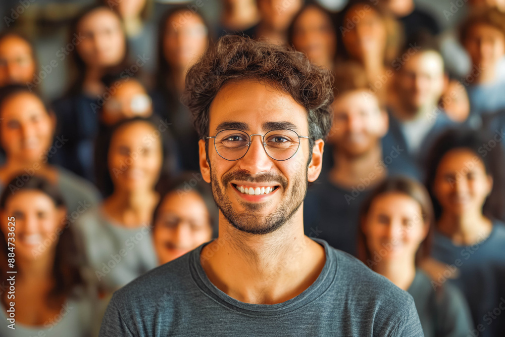 Man in front of a Large group of people smiling at camera Man in front of a Large group of people smiling at camera