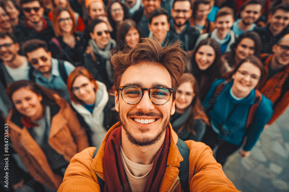 Man in front of a Large group of people smiling at camera Man in front of a Large group of people smiling at camera