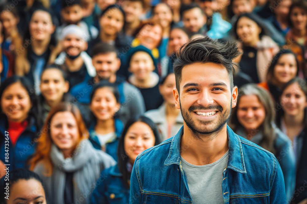 Man in front of a Large group of people smiling at camera Man in front of a Large group of people smiling at camera
