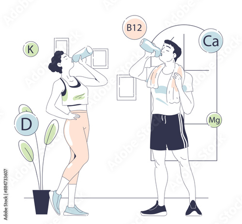 Benefit of milk. Man and woman drink natural drink from glass bottle. Healthy lifestyle and proper nutrition. Vitamins and calcium. Linear vector illustration isolated on white background