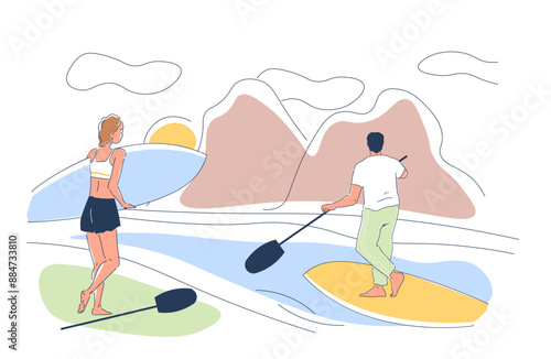 Couple boarding on lake. Man and woman swim on surfing board. Active lifestyle and extreme sports. Pair leisure and recreation. Linear vector illustration isolated on white background