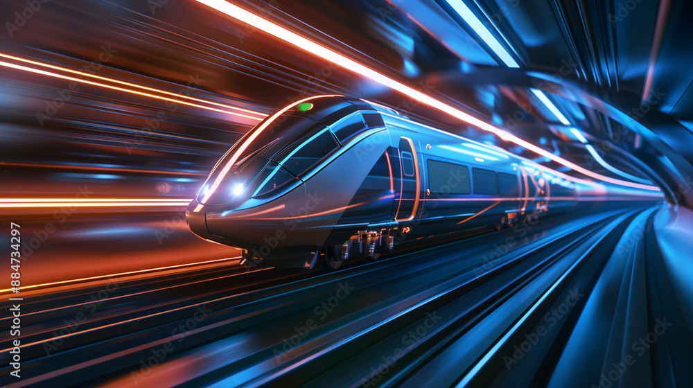 Fast modern express passenger train no high speed railway in hyperloop moving from flash light, Futuristic technology, hi tech future digital transport, hyperloop concept Fast modern express passenger train no high speed railway in hyperloop moving from flash light, Futuristic technology, hi tech future digital transport, hyperloop concept