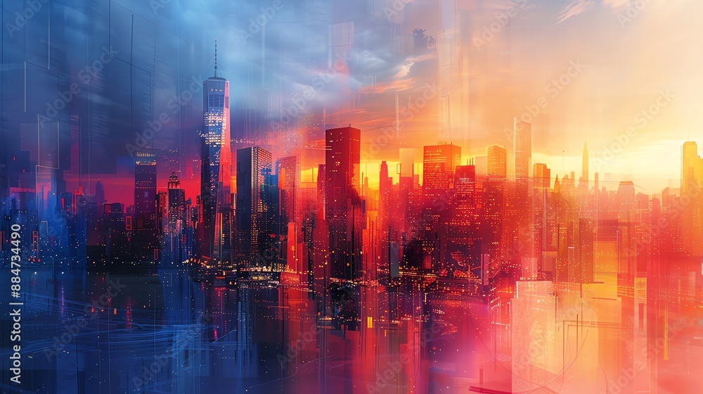 Abstract city skyline with bold lines and vibrant colors, blending urban and artistic elements Abstract city skyline with bold lines and vibrant colors, blending urban and artistic elements