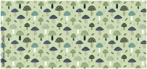 秋色きのこのシームレスパターン＜緑色＞