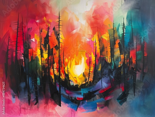 Abstract forest fire with bold colors and dynamic shapes, evoking a sense of energy and chaos photo