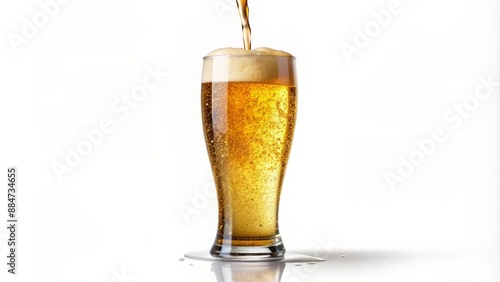 Sparkling golden liquid overflowing from a tapped ale, perfectly poured into a tall glass, isolated on a pure white background. photo