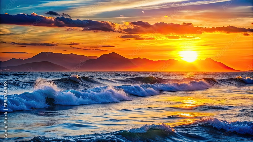 Sunset over the ocean with bright orange sky, mountains silhouette, deep blue water, and crashing waves, sunset, ocean Sunset over the ocean with bright orange sky, mountains silhouette, deep blue water, and crashing waves, sunset, ocean
