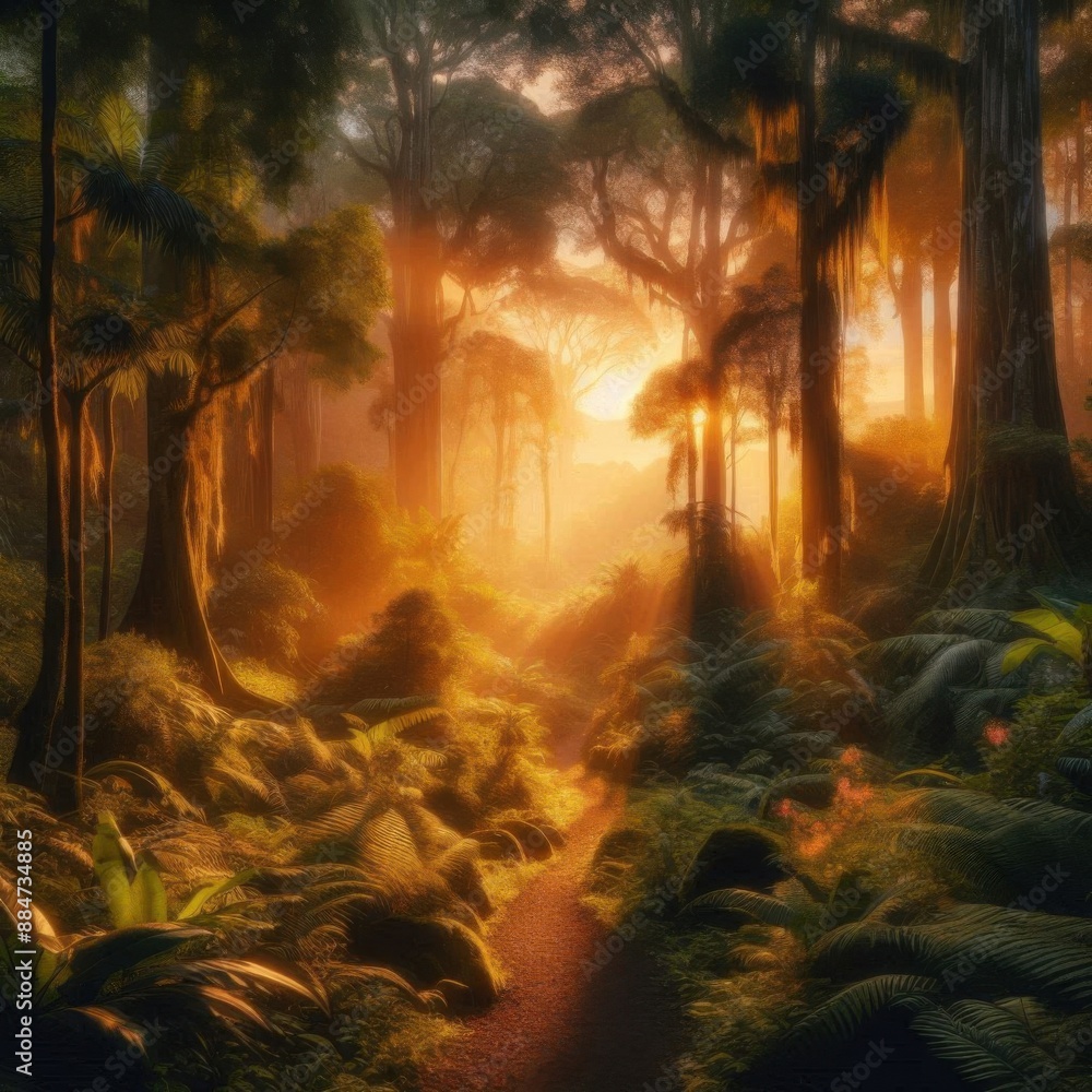 Fototapeta premium Golden Forest: Morning Sunshine Embracing Nature