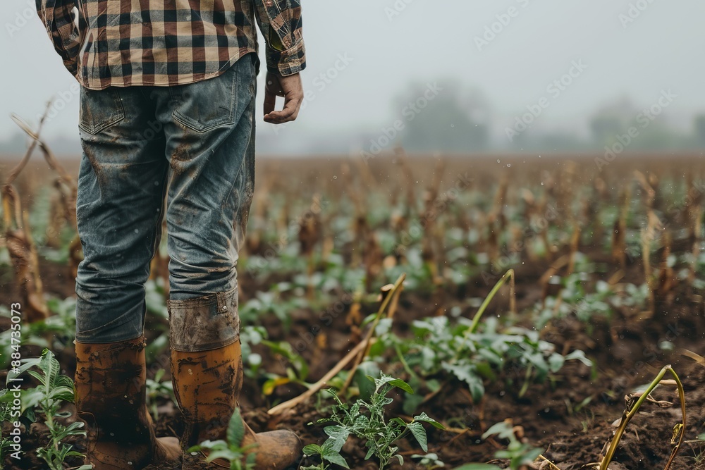 Farmer stands in a foggy field, examining crops with hands in pockets Farmer stands in a foggy field, examining crops with hands in pockets