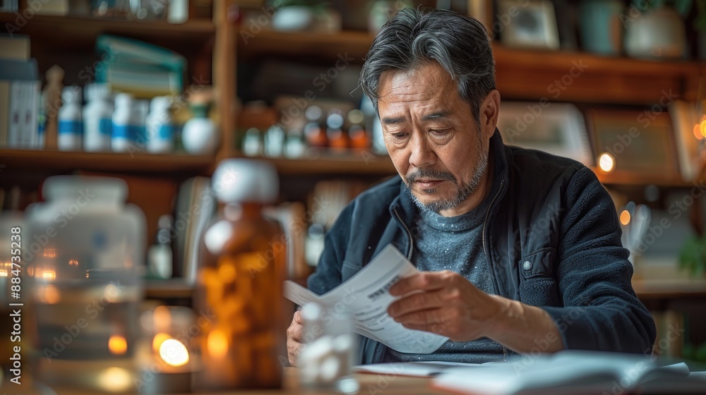 Senior Man Reads Document in Cozy Home Office Senior Man Reads Document in Cozy Home Office