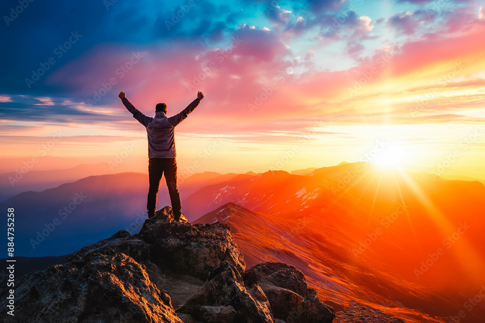 Fototapeta premium Positive man celebrating on mountain top, with arms raised up