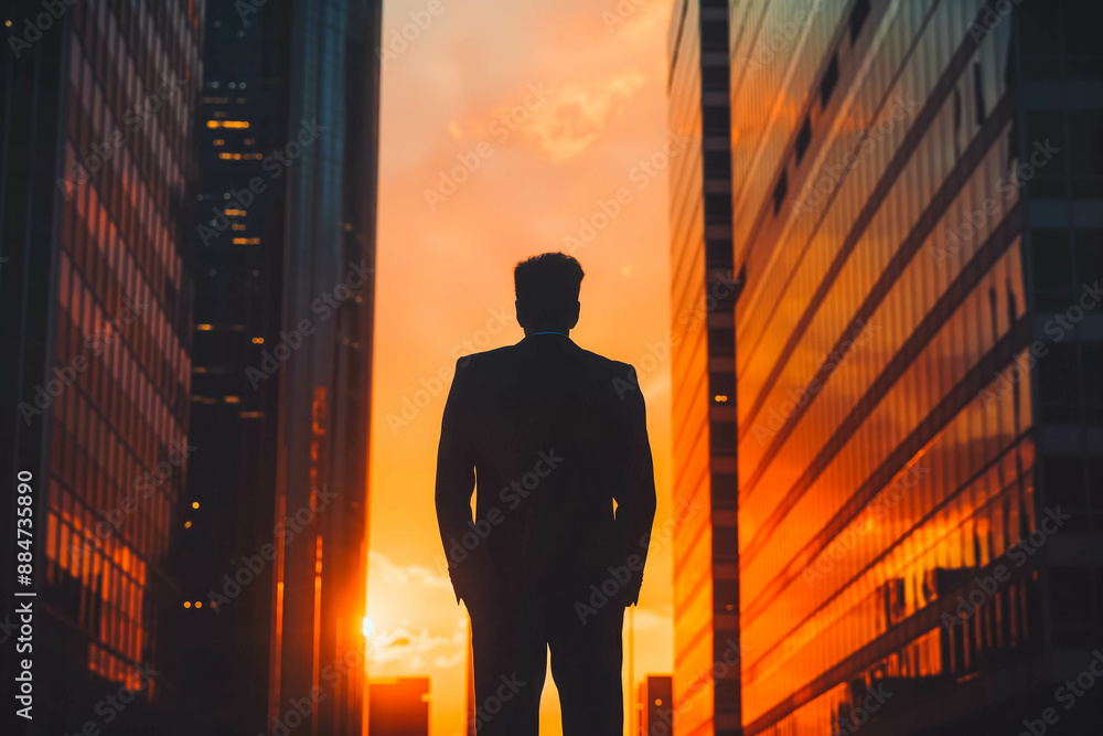 Silhouette of business man following his ambitions, standing between two skyscrapers at sunset Silhouette of business man following his ambitions, standing between two skyscrapers at sunset