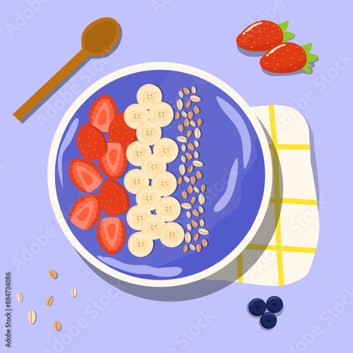 Illustration vector graphic of acai smoothie bowl with banana, blueberries, strawberries and oats vector menu design 