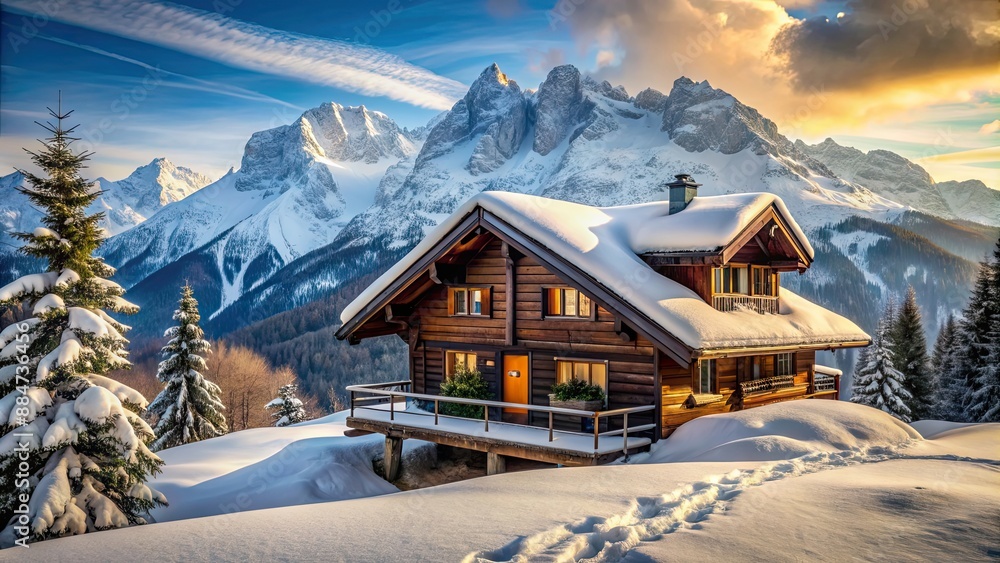 Cozy mountain chalet with snow-covered peaks in the background , Winter, comfort, relaxation, mountain retreat, chalet, cozy, warm Cozy mountain chalet with snow-covered peaks in the background , Winter, comfort, relaxation, mountain retreat, chalet, cozy, warm