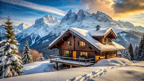 Cozy mountain chalet with snow-covered peaks in the background , Winter, comfort, relaxation, mountain retreat, chalet, cozy, warm © Sujid