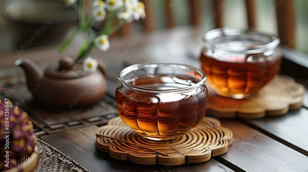 Two glasses of tea on a wooden table, with steam rising from the cups. Two glasses of tea on a wooden table, with steam rising from the cups.