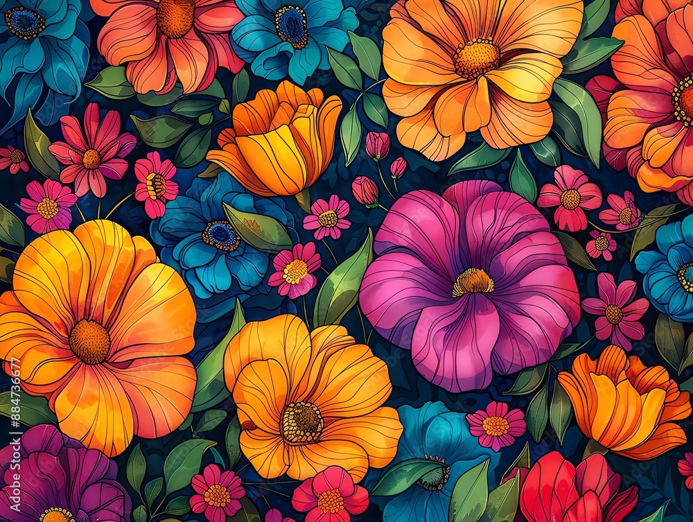 Intricate floral pattern with detailed lines and vibrant hues, creating a lively and artistic design Intricate floral pattern with detailed lines and vibrant hues, creating a lively and artistic design