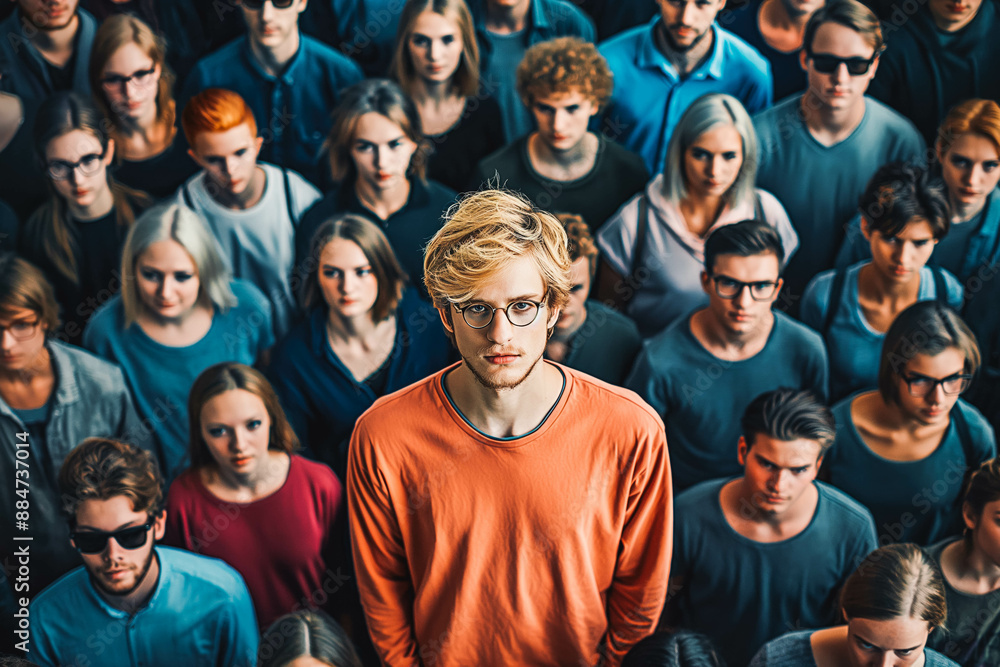 Stand out from the crowd concept with blonde man standing out from large crowd of people Stand out from the crowd concept with blonde man standing out from large crowd of people