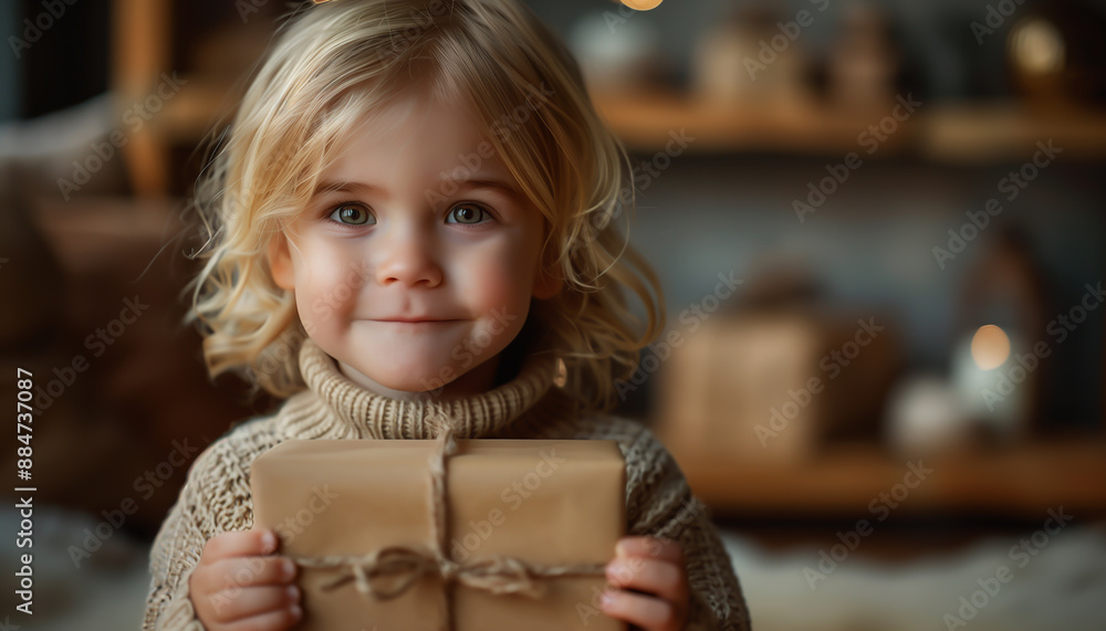 A five-year-old blonde child in a sweater happily holds a gift box in her hands. Winter or Christmas holidays concept A five-year-old blonde child in a sweater happily holds a gift box in her hands. Winter or Christmas holidays concept