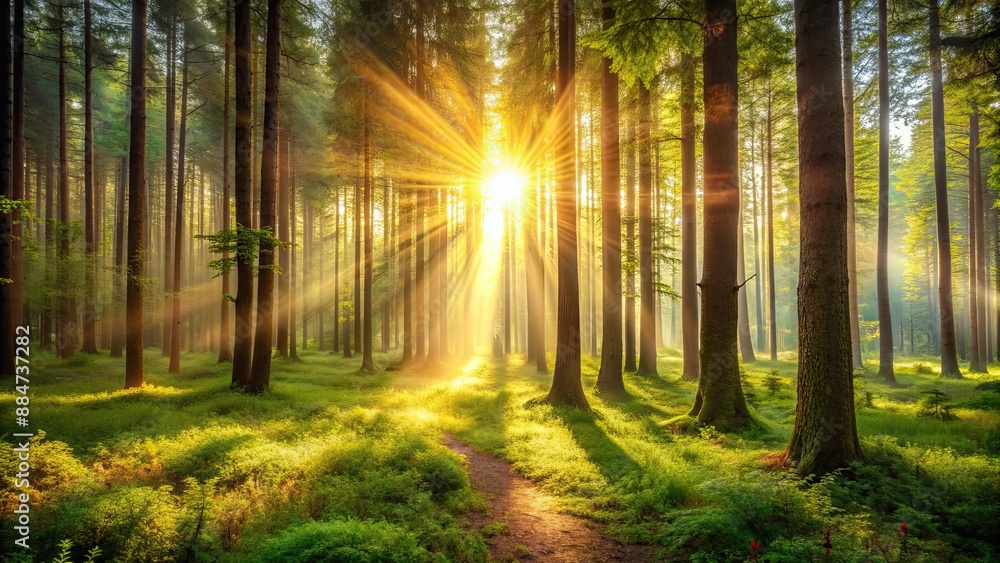 Fototapeta premium View of the sun from a dreamy forest, dreamy, forest, sun, view, nature, landscape, serene, peaceful, trees, lush, magical