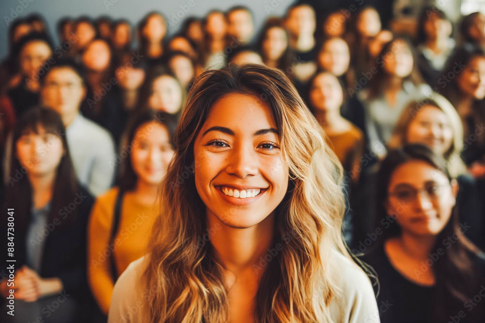 Fototapeta premium Woman in front of a Large group of people smiling at camera