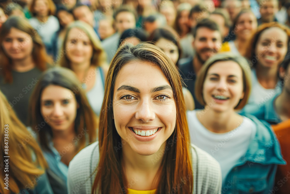Woman in front of a Large group of people smiling at camera Woman in front of a Large group of people smiling at camera