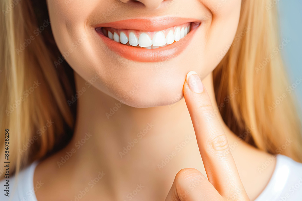 Woman pointing finger to showing healthy gums and white teeth Woman pointing finger to showing healthy gums and white teeth