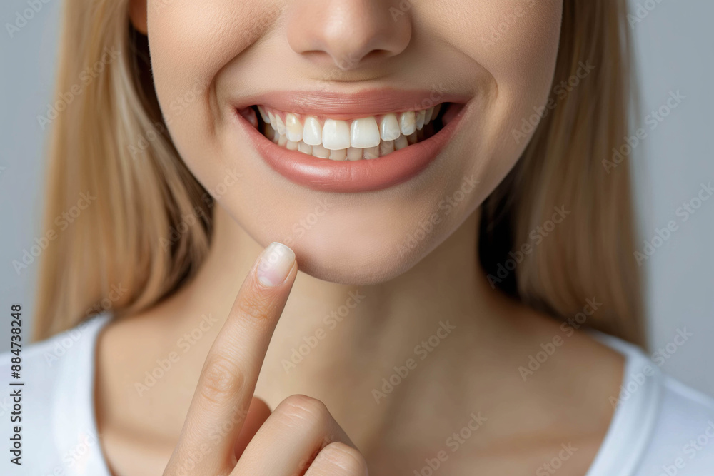Woman pointing finger to showing healthy gums Woman pointing finger to showing healthy gums