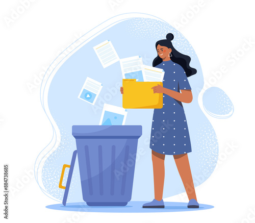 Woman delete files. Young girl stands with folder of files near trash can. Employee and manager clearing space in electronic storage or archive. Flat vector illustration isolated on white background