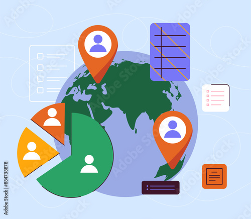 Demographics analysis concept. Graphs and charts next to planet. Statistics and infographics, data visualization. Percentage of audience. Flat vector illustration isolated on blue background