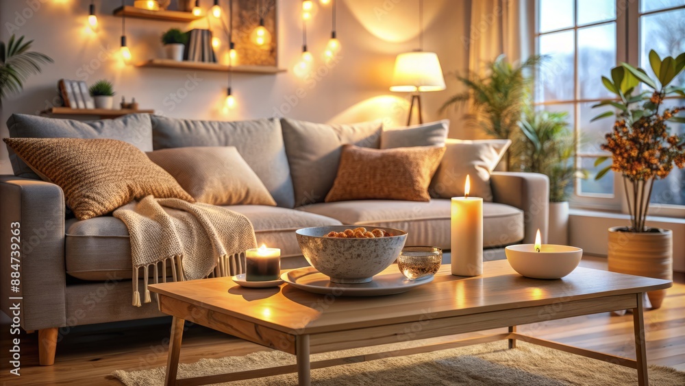 Fototapeta premium Cozy living room scene with a modern sofa, coffee table, and a bowl of oatmeal, surrounded by warm lighting.