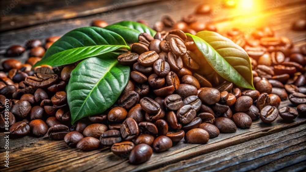 Obraz premium Aromatic dark brown coffee beans scattered on rustic wooden surface surrounded by green leaves and soft warm lighting ambiance.