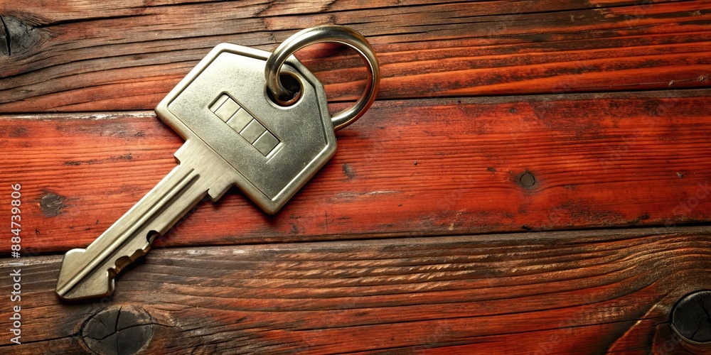 A close-up shot of a modern house key on a rustic wooden table, house, keys, real estate, home, security, access A close-up shot of a modern house key on a rustic wooden table, house, keys, real estate, home, security, access