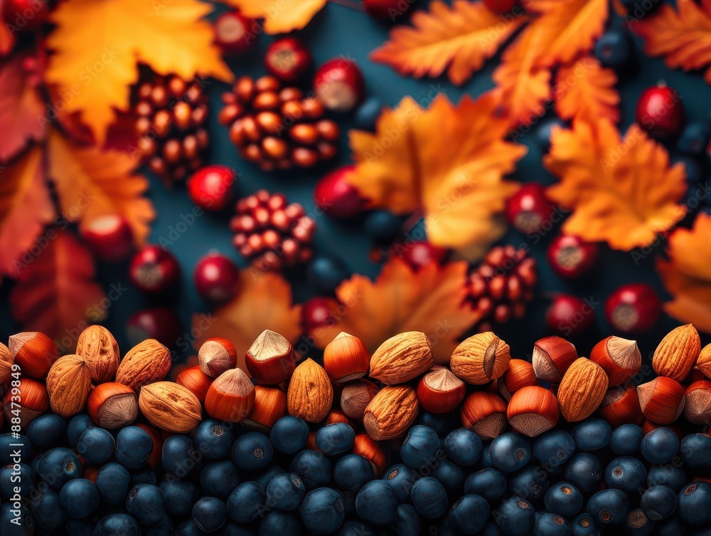 Landscape with a gradient transition of fall colors, trees laden with the bounty of nuts and berries, Transition, wild harvest Landscape with a gradient transition of fall colors, trees laden with the bounty of nuts and berries, Transition, wild harvest