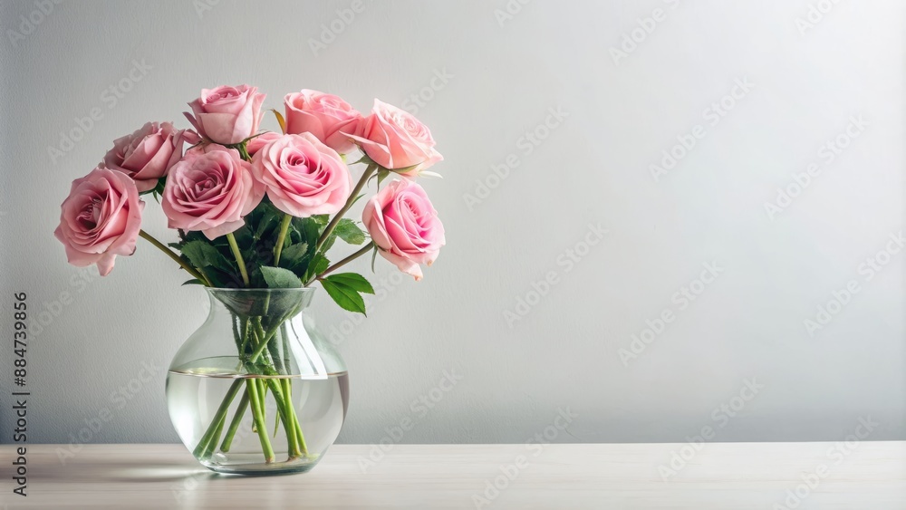 Elegant still life composition featuring pink roses arrangement in glass vase on crisp white table against clean minimalist background. Elegant still life composition featuring pink roses arrangement in glass vase on crisp white table against clean minimalist background.